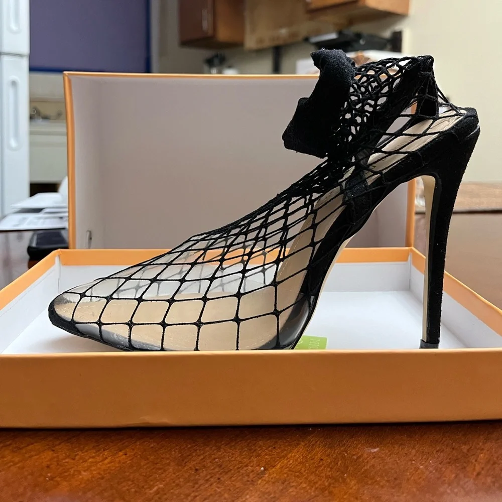 Black Fishnet Slingback Pointed Toe Heels - Picture 2 of 6